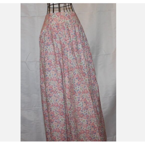 Pink Blue Floral Flared Skirt XS 26" Waist Cotton Blend Side Zipper Vintage 80's - Picture 5 of 15